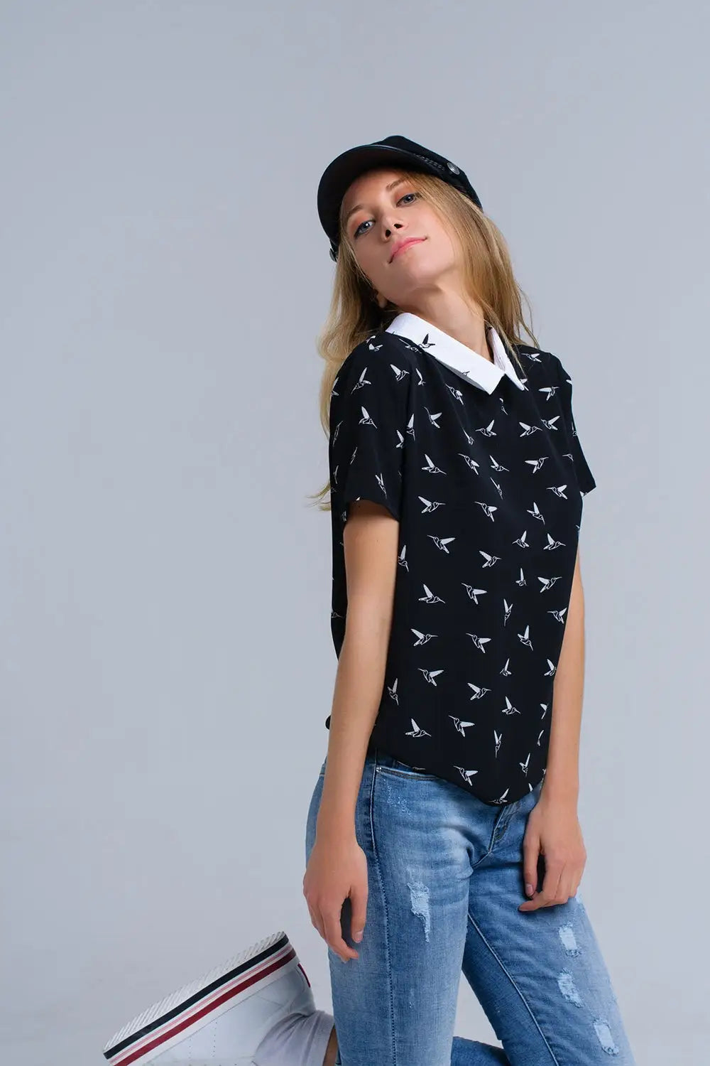 Black shirt with white printed birds - Shirts