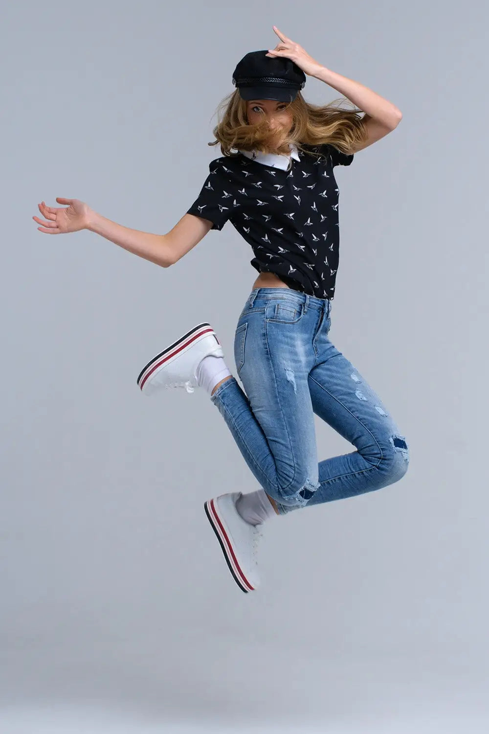 Black shirt with white printed birds - Shirts
