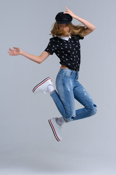 Black shirt with white printed birds