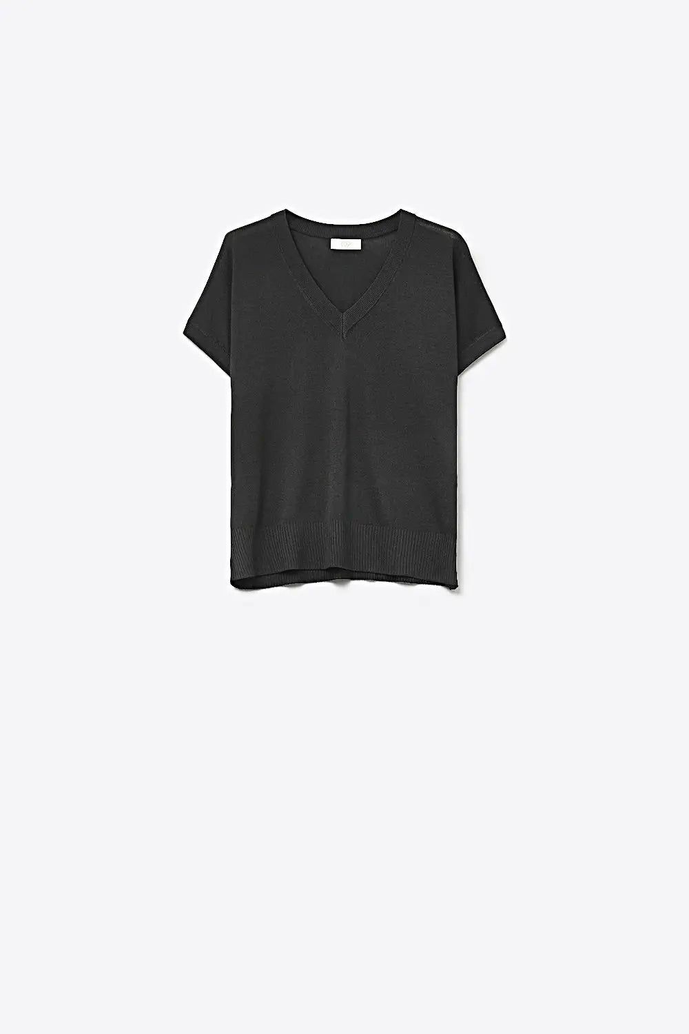 Black short-sleeve knit top with V-neck - One Size / Black