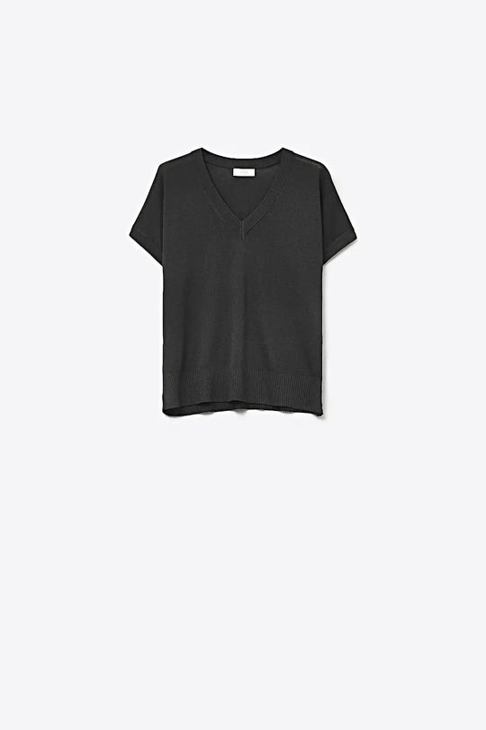 Black short-sleeve knit top with V-neck - One Size / Black