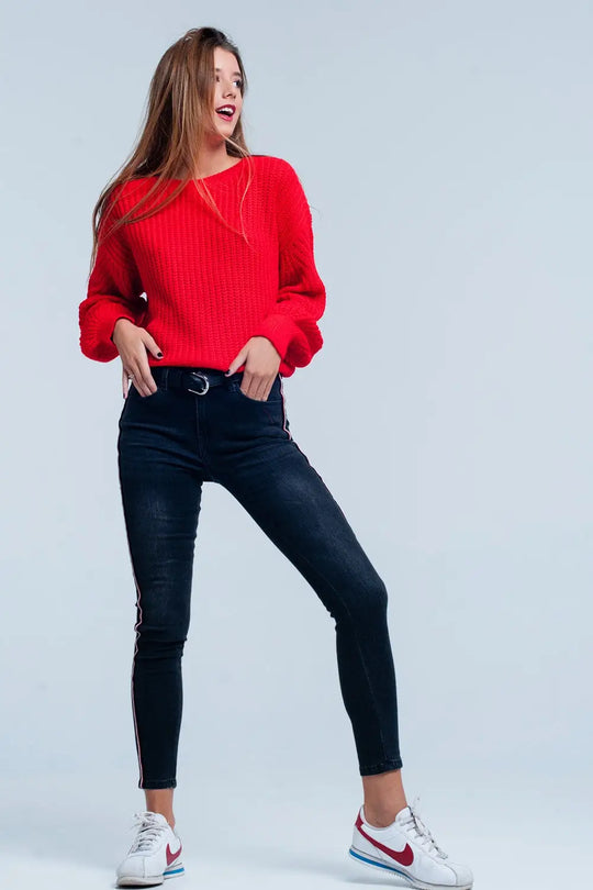 Black Skinny Jeans with Red Side Stripe - Jeans