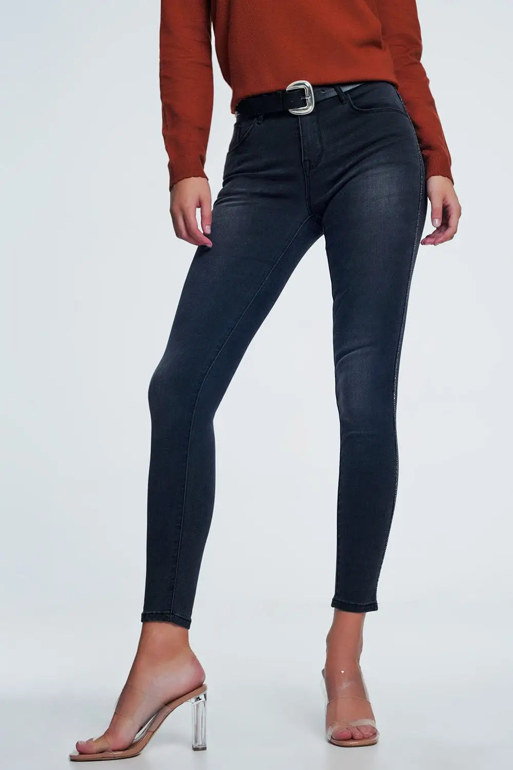 Black skinny jeans with shiny stones detail on the side - Jeans