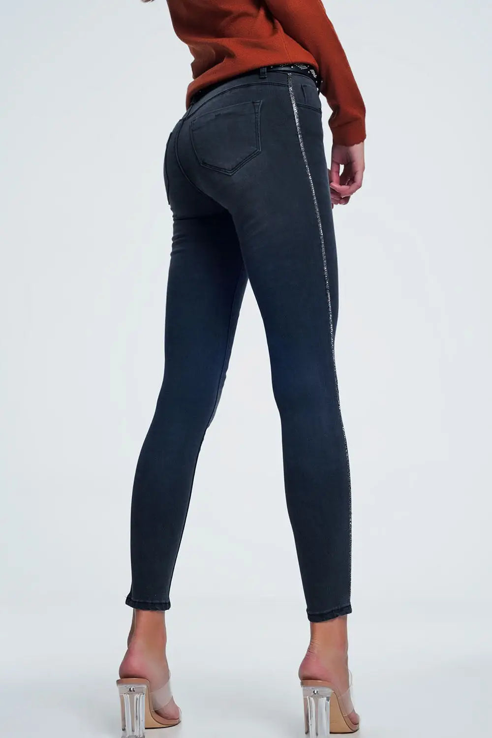 Black skinny jeans with shiny stones detail on the side - Jeans