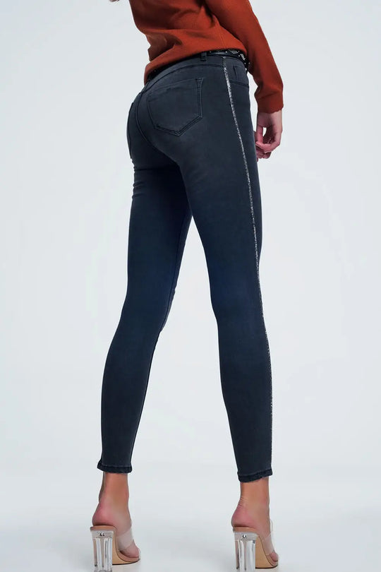 Black skinny jeans with shiny stones detail on the side - Jeans