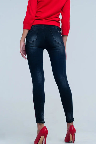 Black skinny leg jeans with side stripe - Jeans