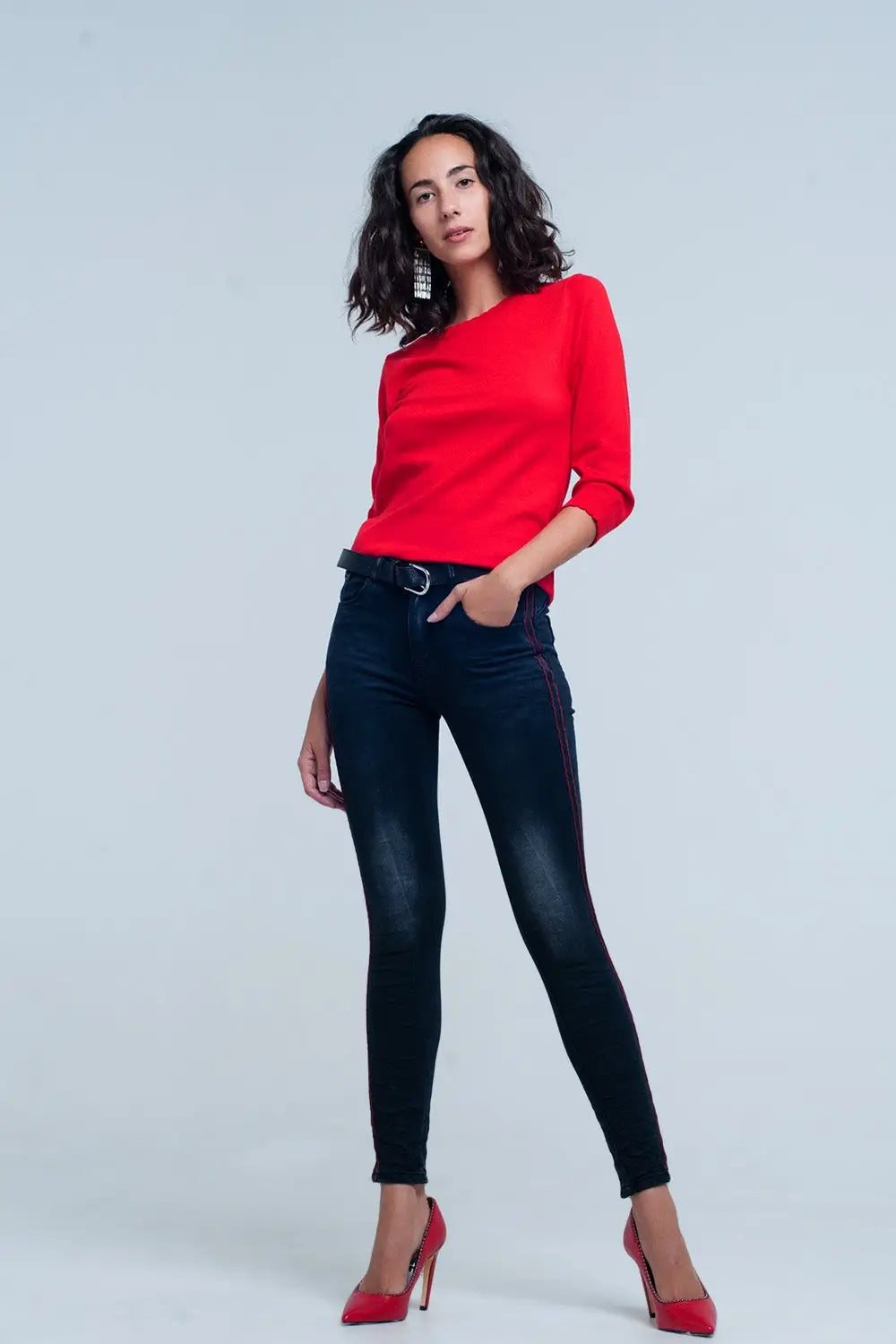 Black skinny leg jeans with side stripe - Jeans