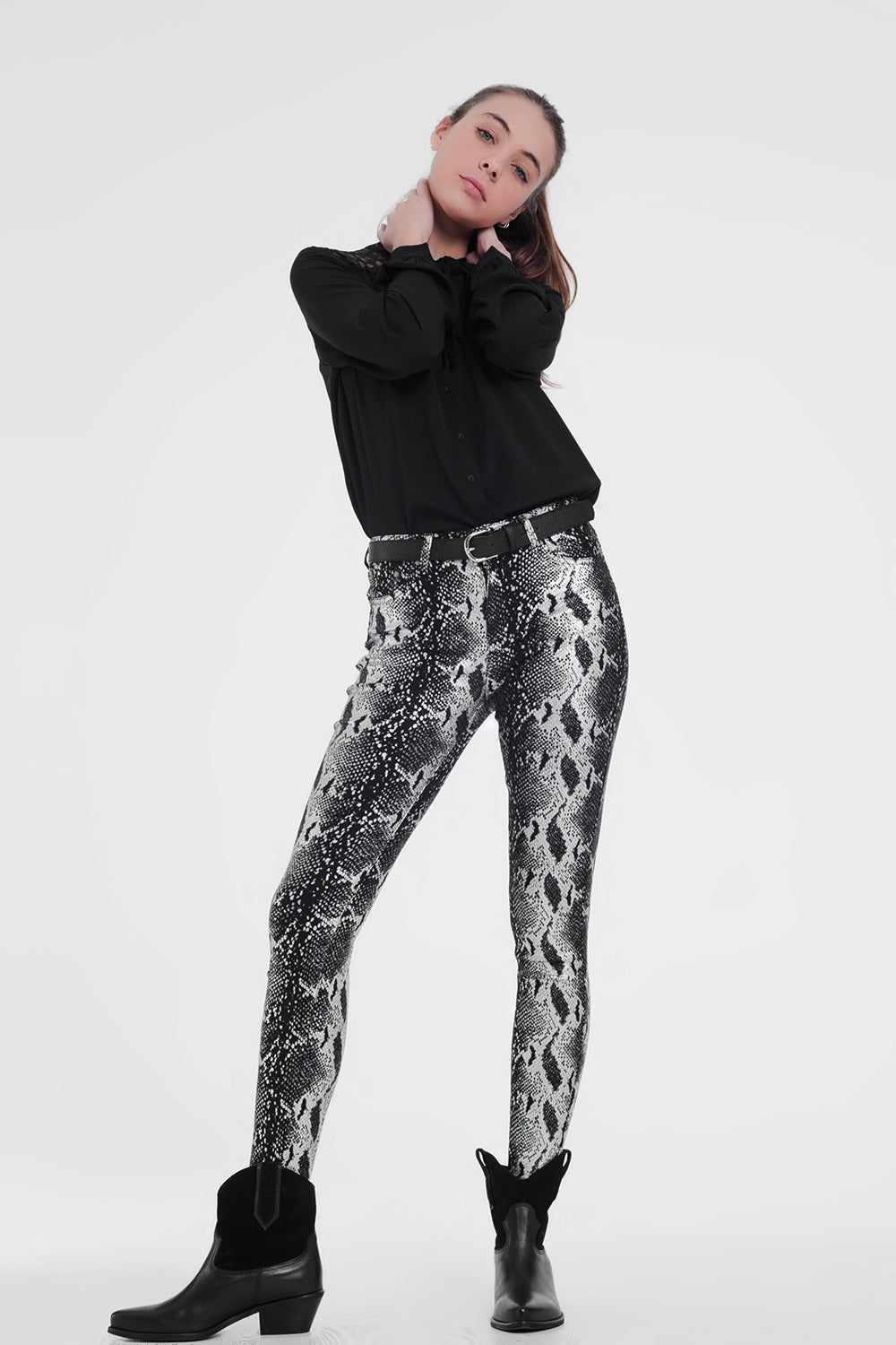 Black skinny shiny printed pants