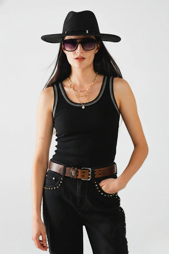 Black Sleeveless Knit Top with Metallic Trim - One Size / Black