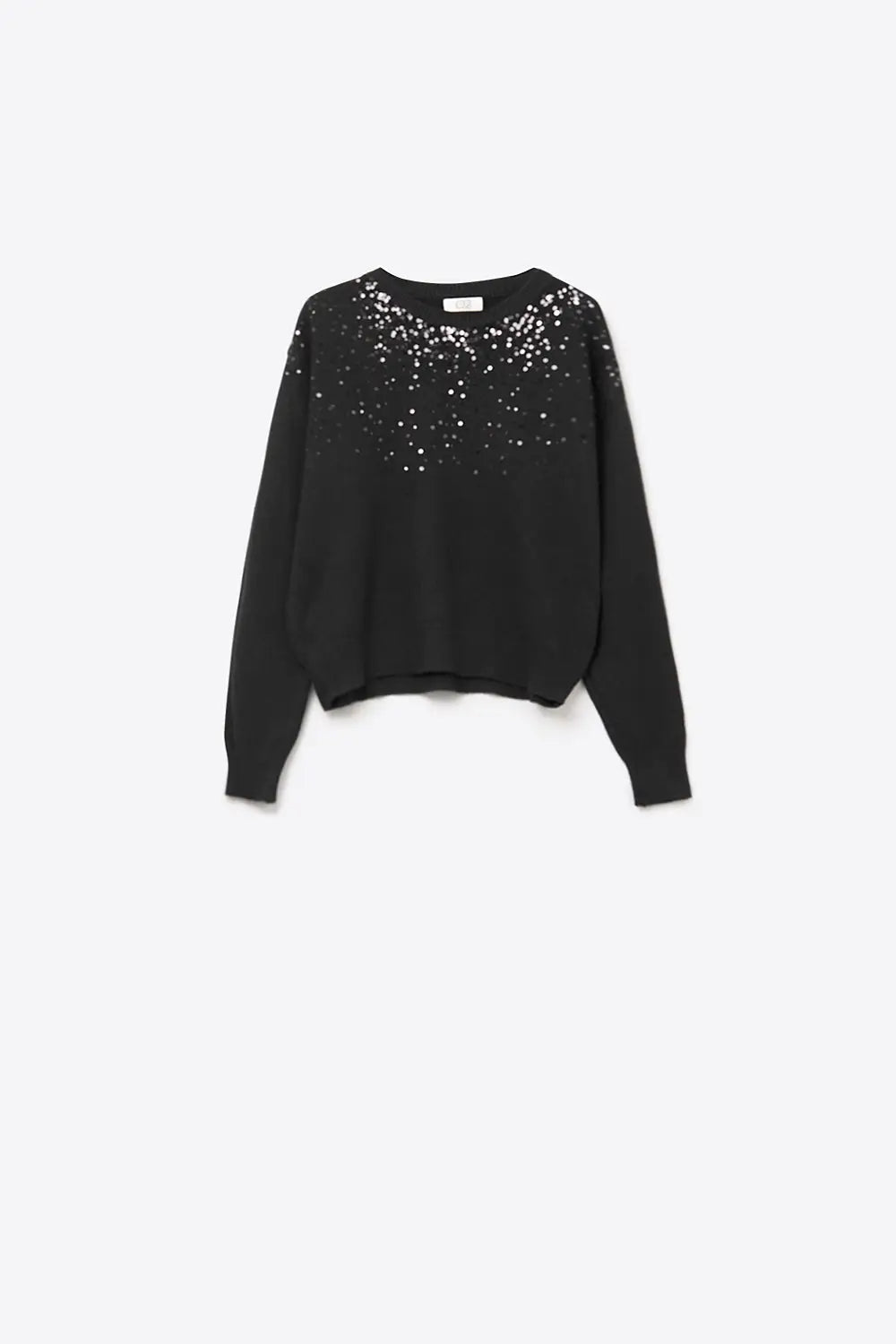 Q2 black soft knit sweater embellished with sequins on the front
