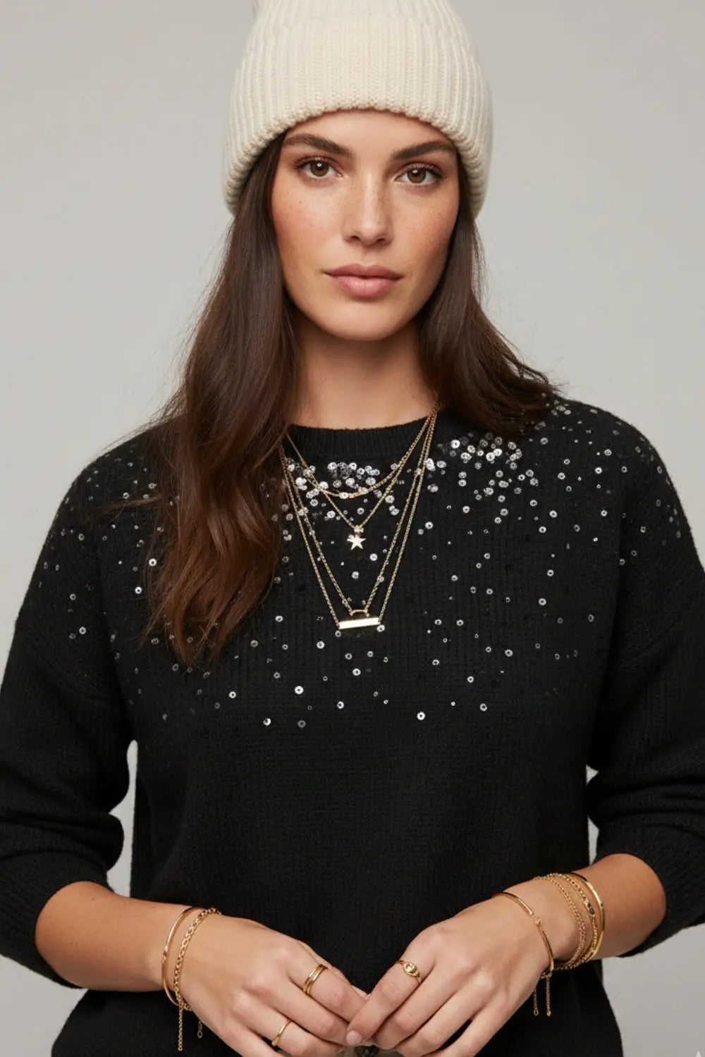 black soft knit sweater embellished with sequins on the front - One Size / Black