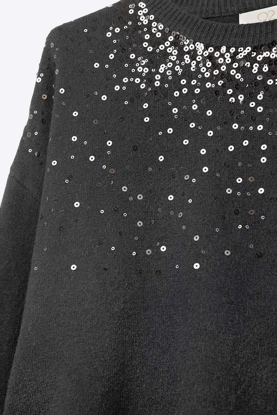 black soft knit sweater embellished with sequins on the front - One Size / Black