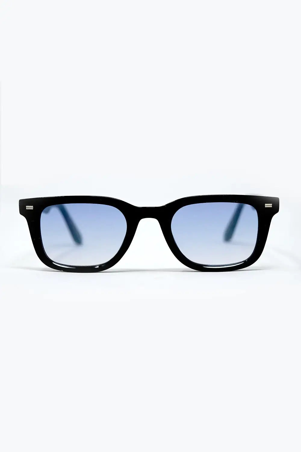 Q2 Black Square Sunglasses with Blue Gradient Lenses and metal side detail