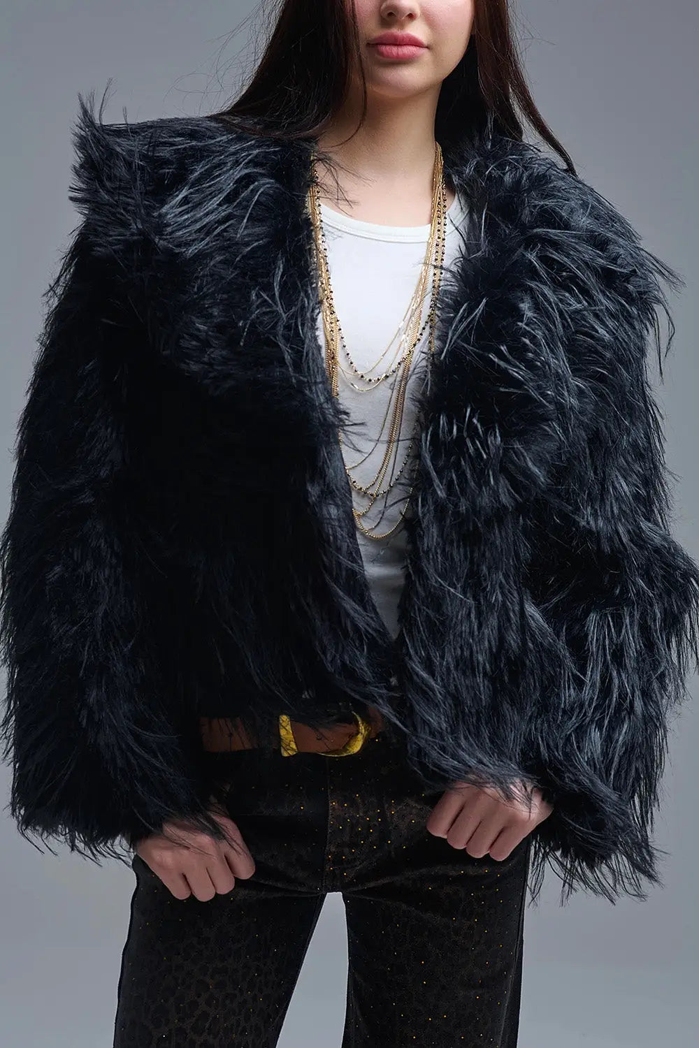 Q2 Black Statement Faux Fur Jacket with Big Collar