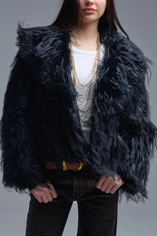 Q2 Black Statement Faux Fur Jacket with Big Collar
