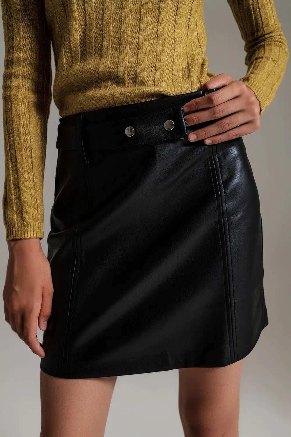 Black Straight faux leather mini skirt with belt - Skirts