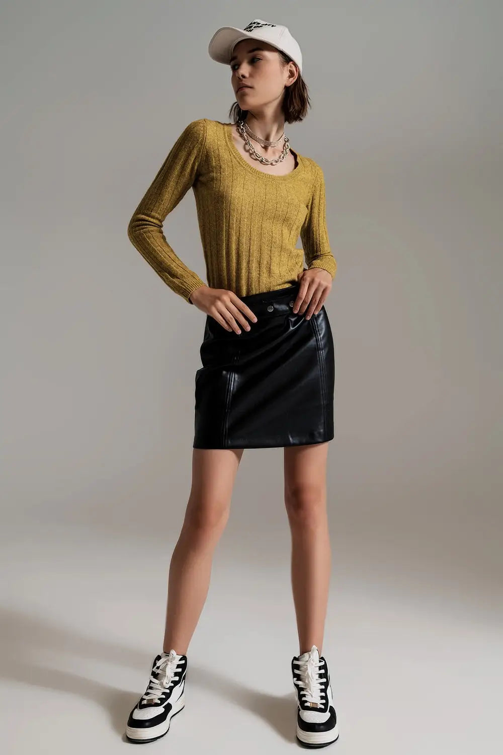 Black Straight faux leather mini skirt with belt - Skirts