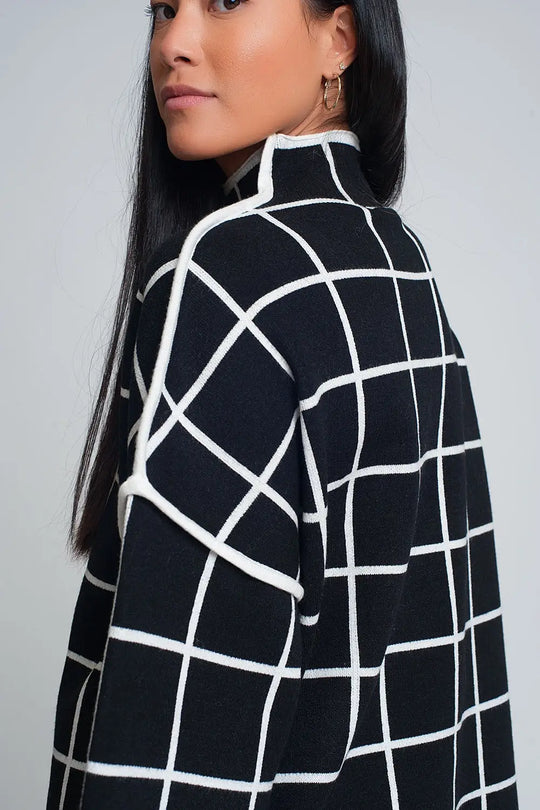 Black sweater with chequered print in 3/4 sleeve and high neck - One Size / Black - Sweaters