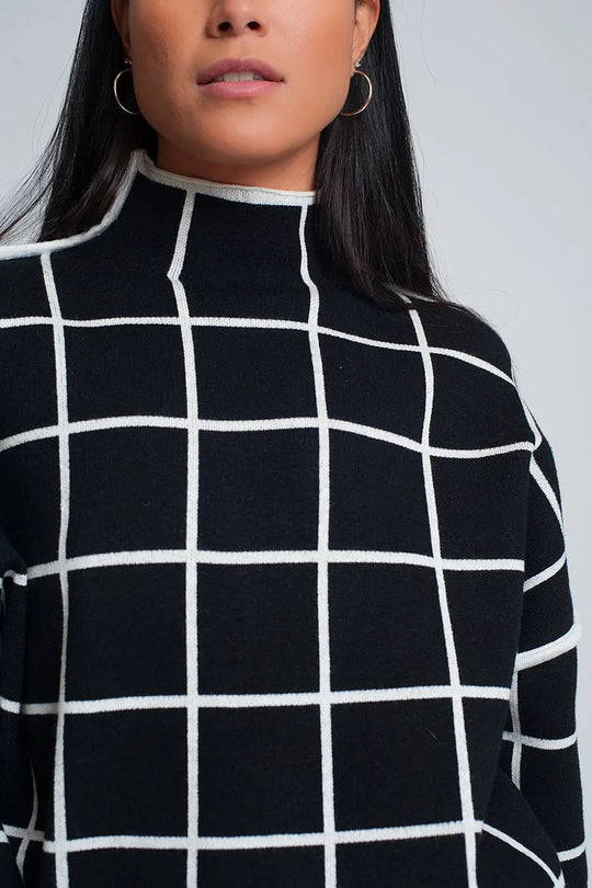 Black sweater with chequered print in 3/4 sleeve and high neck - One Size / Black - Sweaters