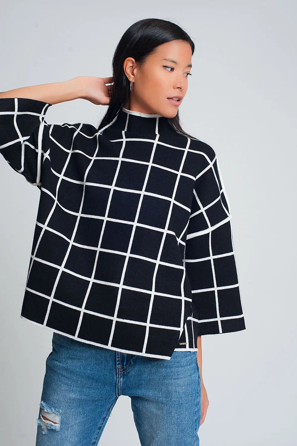 Black sweater with chequered print in 3/4 sleeve and high neck - One Size / Black - Sweaters