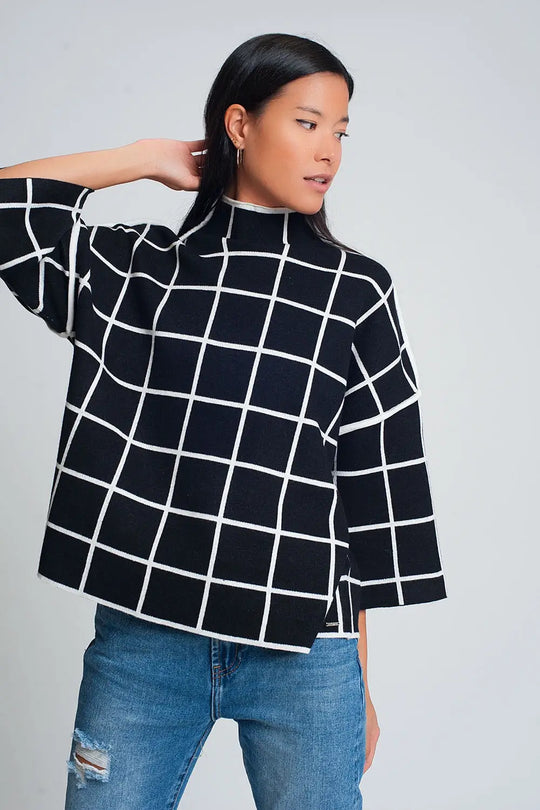 Black sweater with chequered print in 3/4 sleeve and high neck - One Size / Black - Sweaters