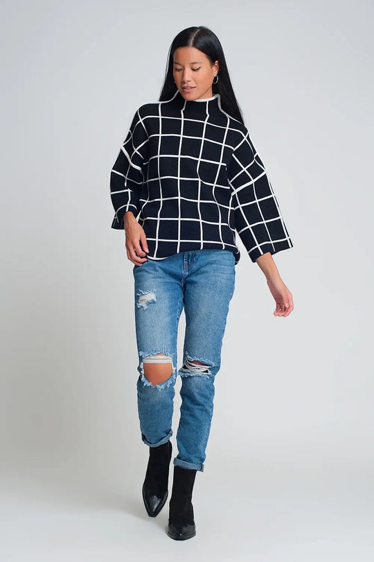 Black sweater with chequered print in 3/4 sleeve and high neck - One Size / Black - Sweaters