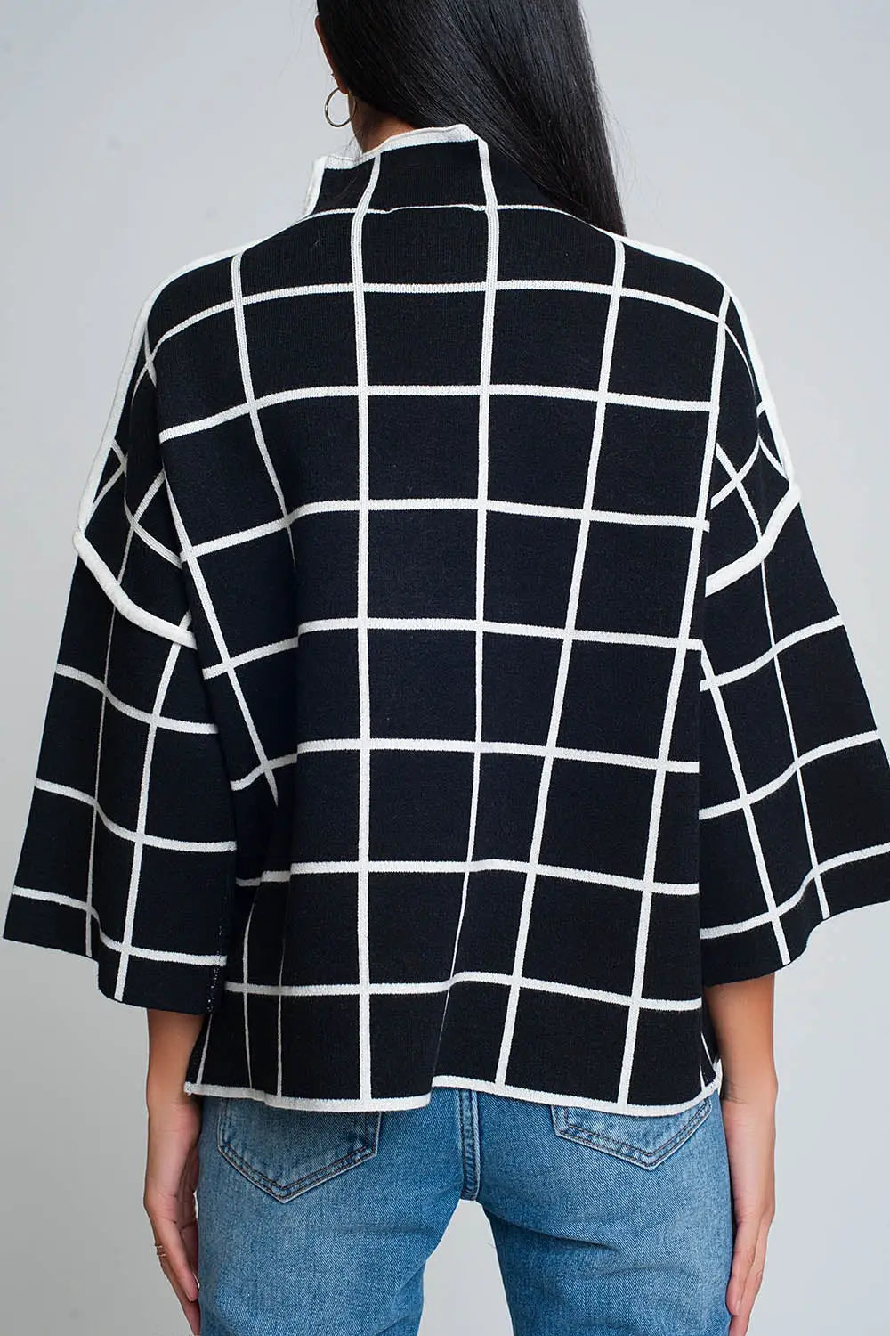 Black sweater with chequered print in 3/4 sleeve and high neck - One Size / Black - Sweaters
