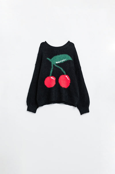 Q2 black sweater with cherry print