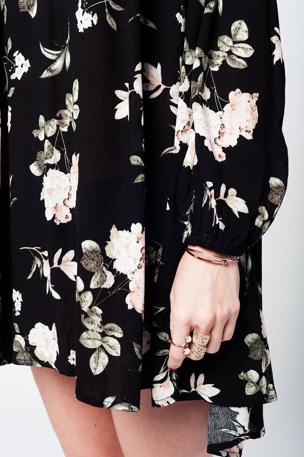 Black swing dress with floral print