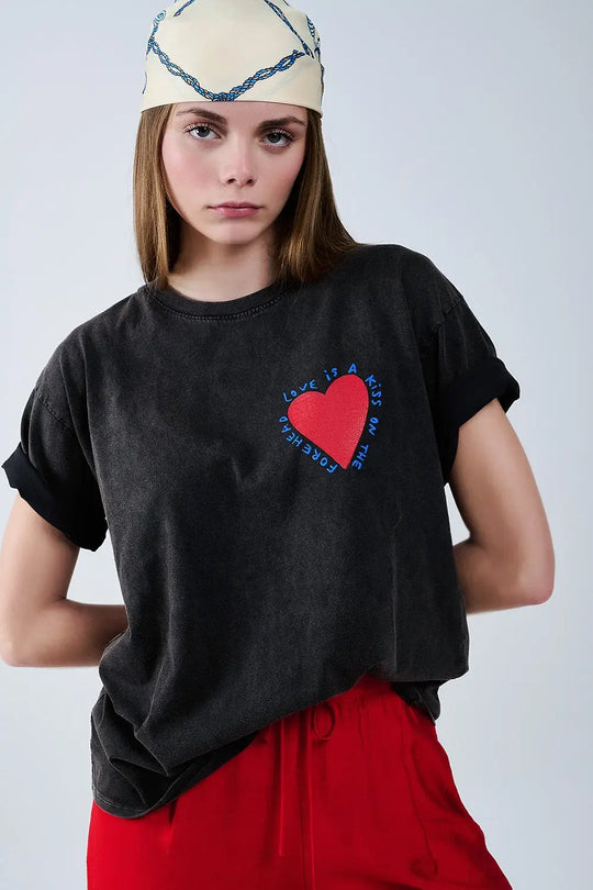 Black T-shirt featuring a heart design on both the front and back - One Size / Black - Tops