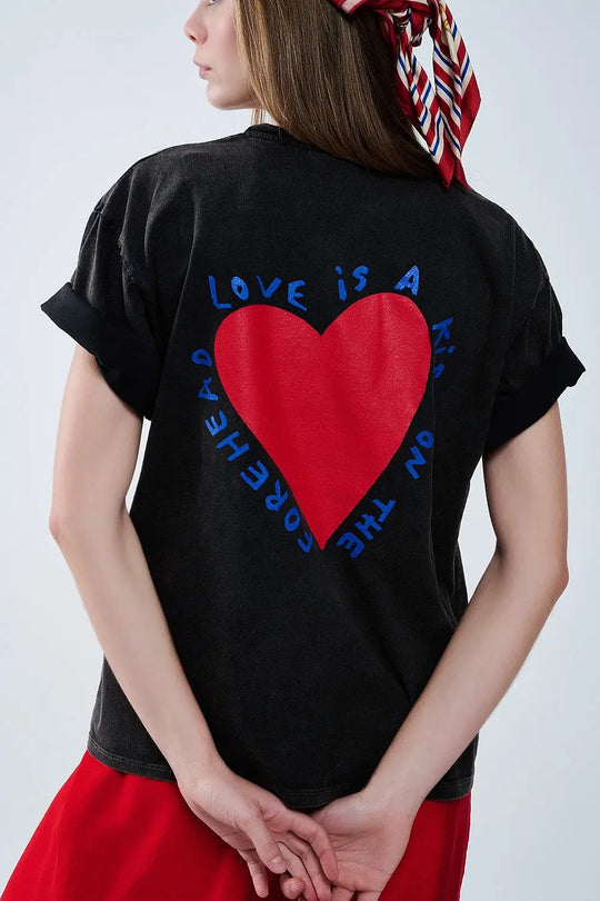 Black T-shirt featuring a heart design on both the front and back - One Size / Black - Tops