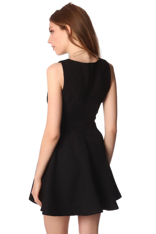 Black textured skater dress with belted waist detail - Dresses