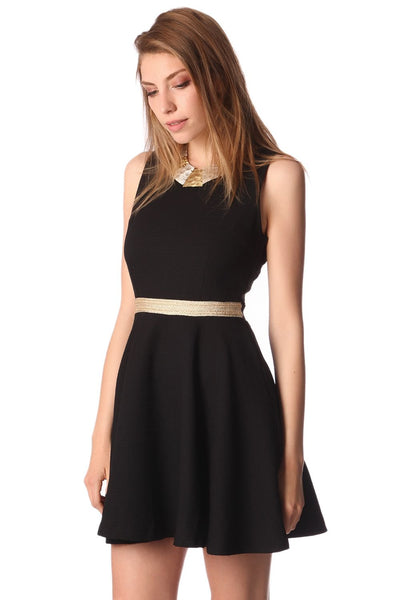 Black textured skater dress with belted waist detail