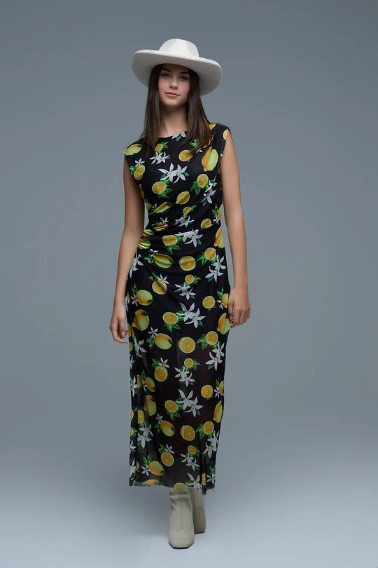 Black Tulle Maxi Dress With Side Rouching in Yellow Lemon Print - Dresses