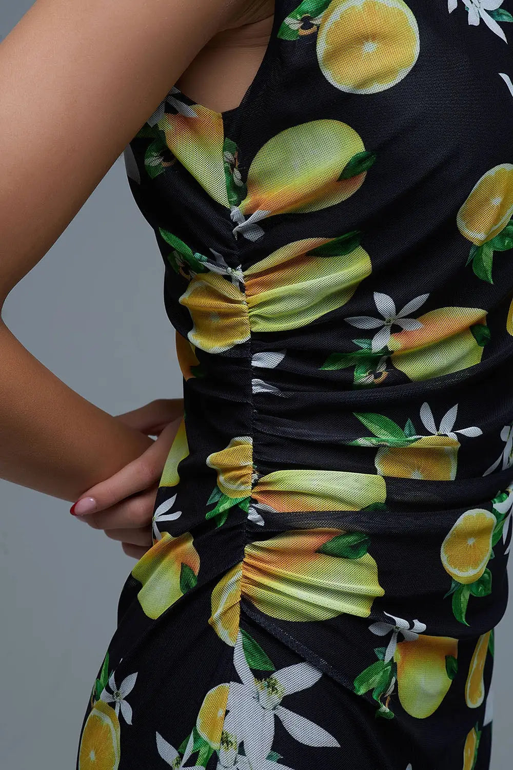 Black Tulle Maxi Dress With Side Rouching in Yellow Lemon Print - Dresses