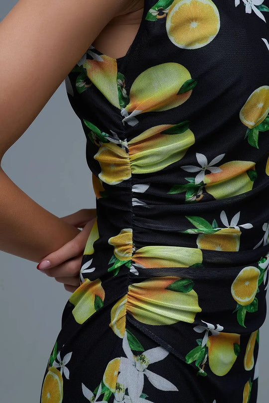 Black Tulle Maxi Dress With Side Rouching in Yellow Lemon Print - Dresses