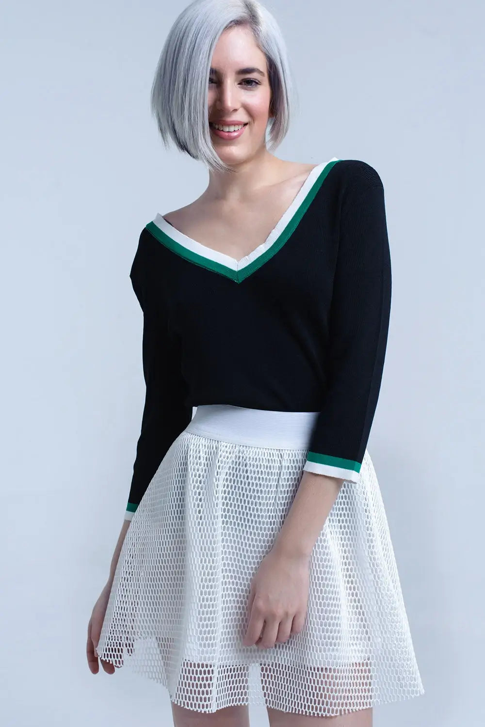 Black V-neck jersey with green and white contrast trim - Sweaters