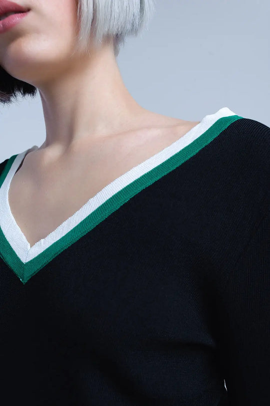 Black V-neck jersey with green and white contrast trim - Sweaters