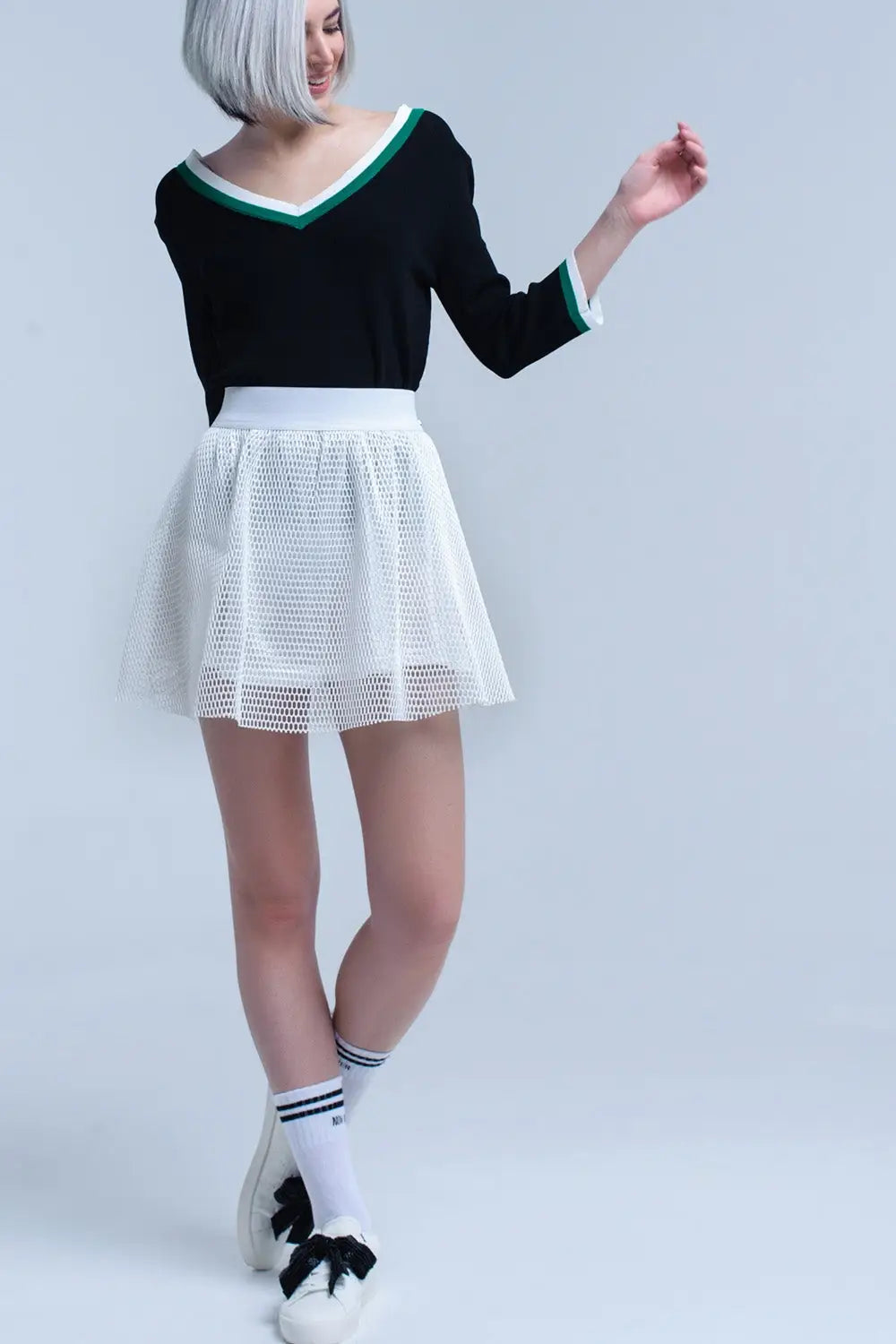 Black V-neck jersey with green and white contrast trim - Sweaters