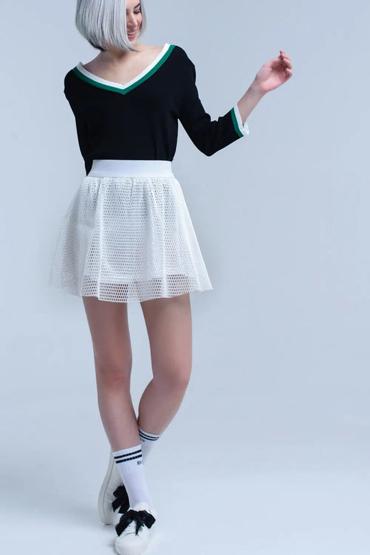 Black V-neck jersey with green and white contrast trim - Sweaters