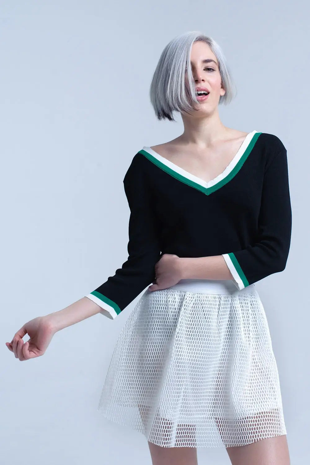Black V-neck jersey with green and white contrast trim - Sweaters