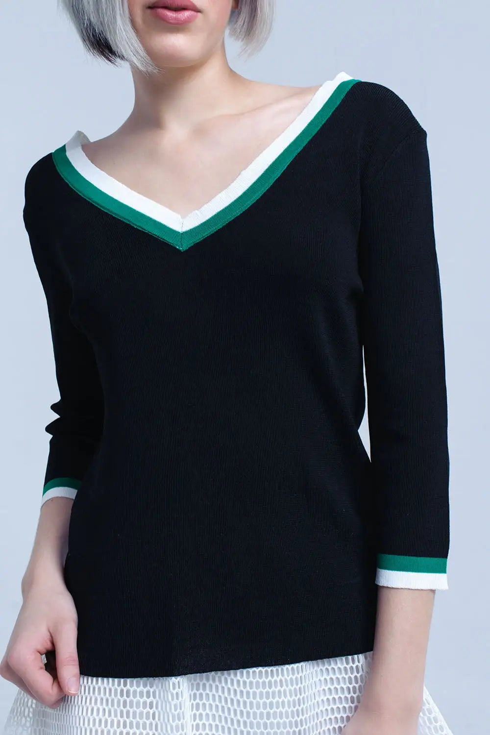 Black V-neck jersey with green and white contrast trim - Sweaters