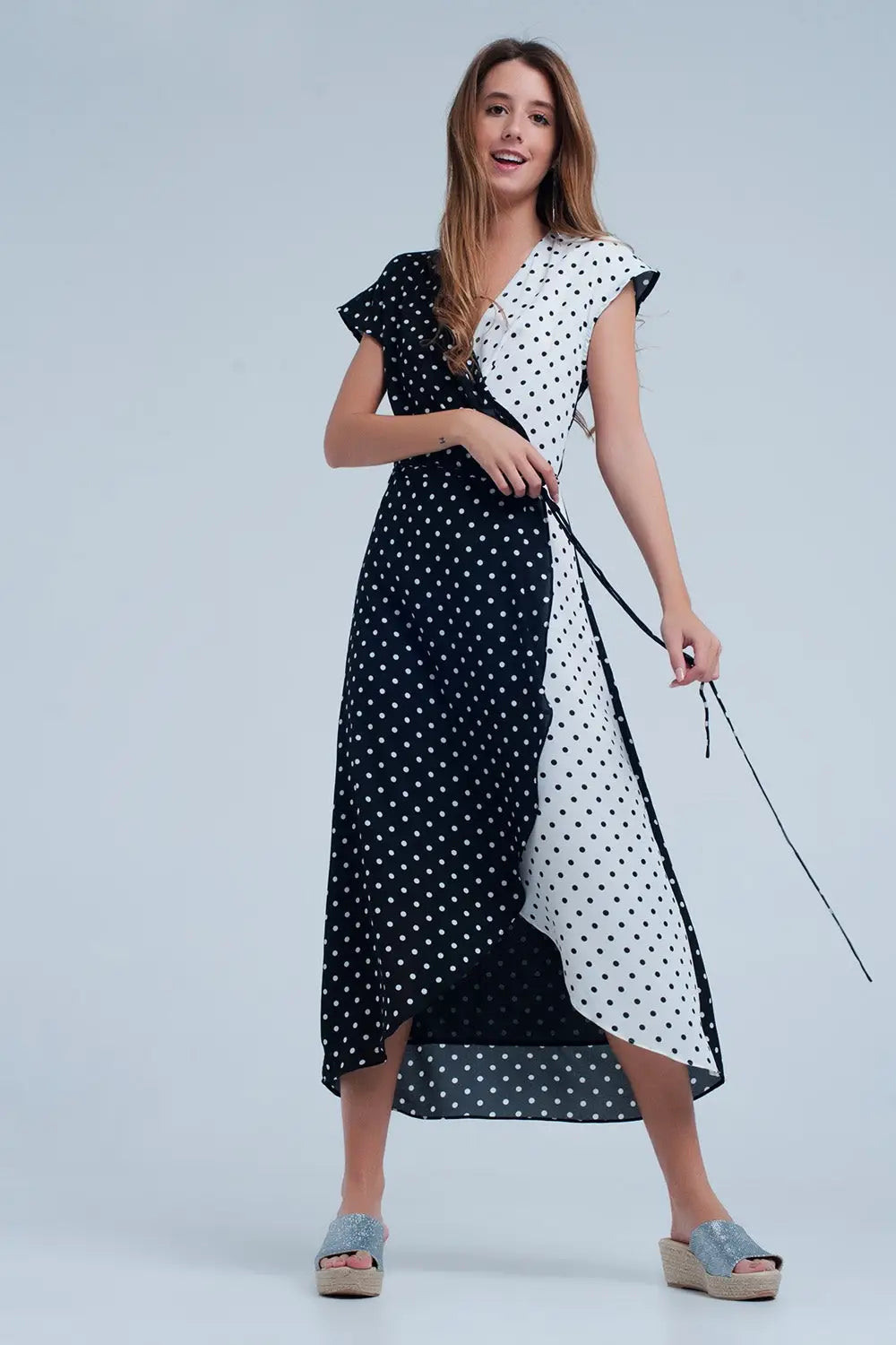 Black white wrap dress with polka dots - Dresses