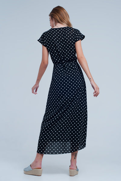 Black white wrap dress with polka dots