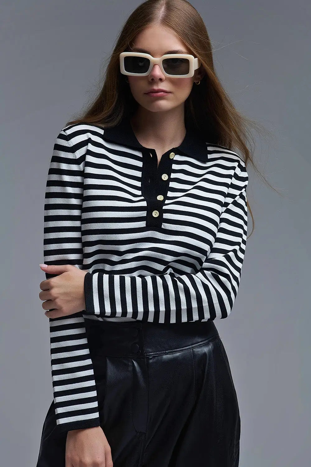 Black &amp; White Striped Long-Sleeve Polo - Tops