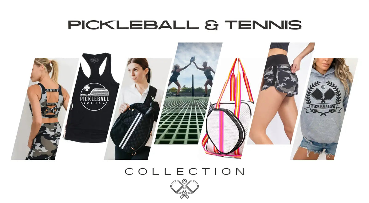 Black and white striped tank top with ’pickleball’ logo on front.