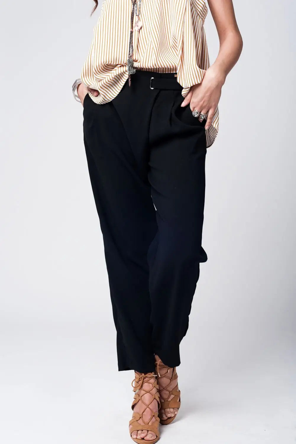 Q2 Black wide leg trousers with waist detail