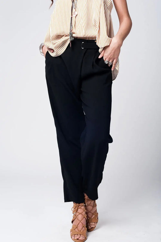 Q2 Black wide leg trousers with waist detail