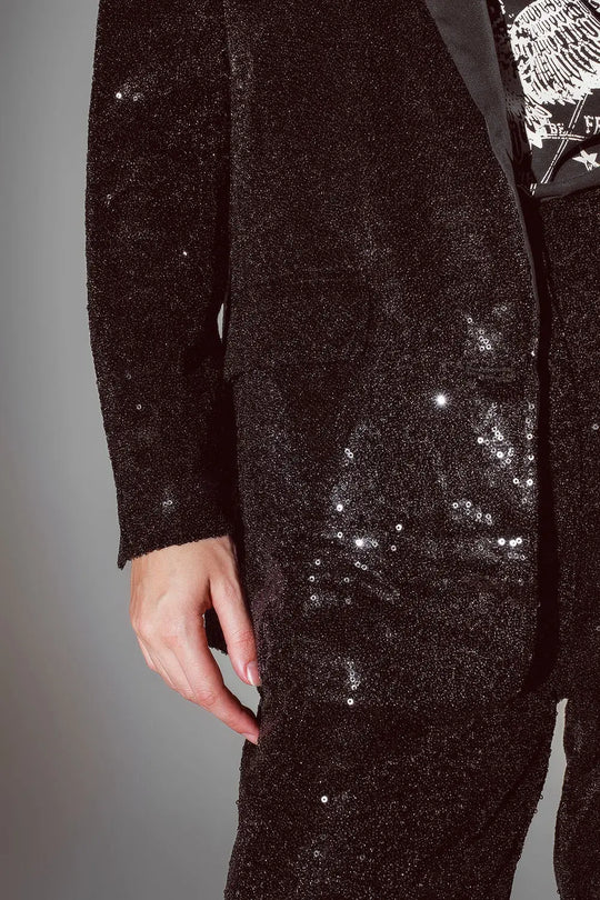 Blazer noir à sequins avec revers de smoking en satin - Vestes