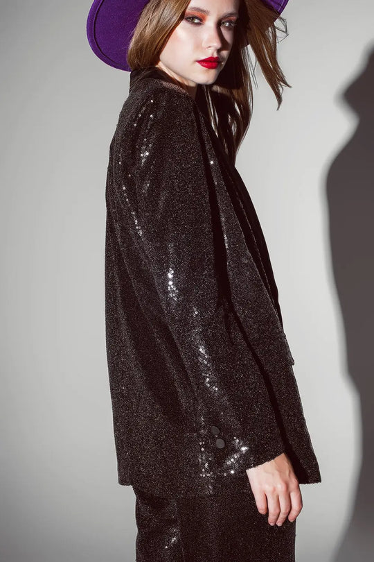 Blazer noir à sequins avec revers de smoking en satin - Vestes
